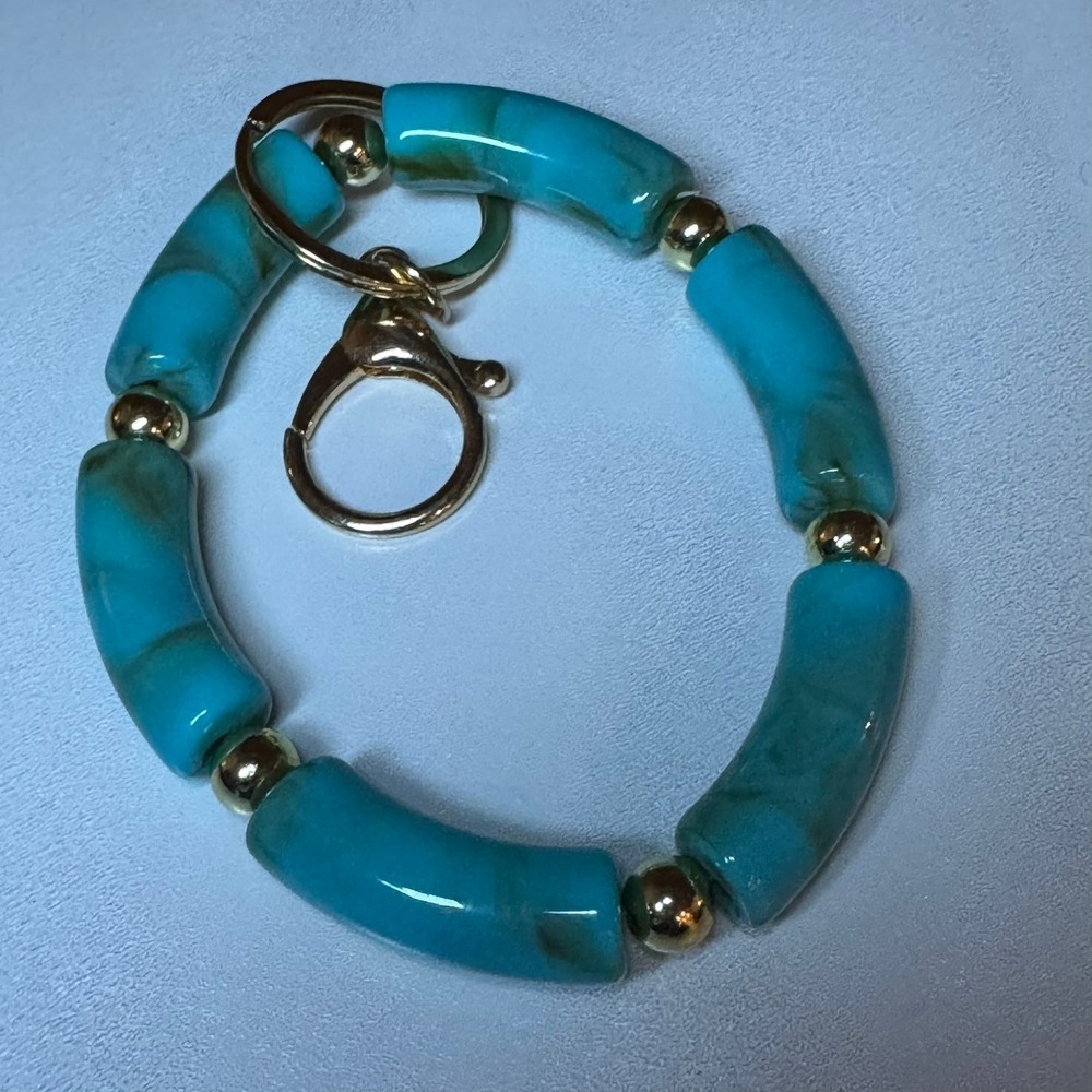 Turquoise Beaded Keychain Bracelet Gold Tone‎ Clasp Bag Charm
